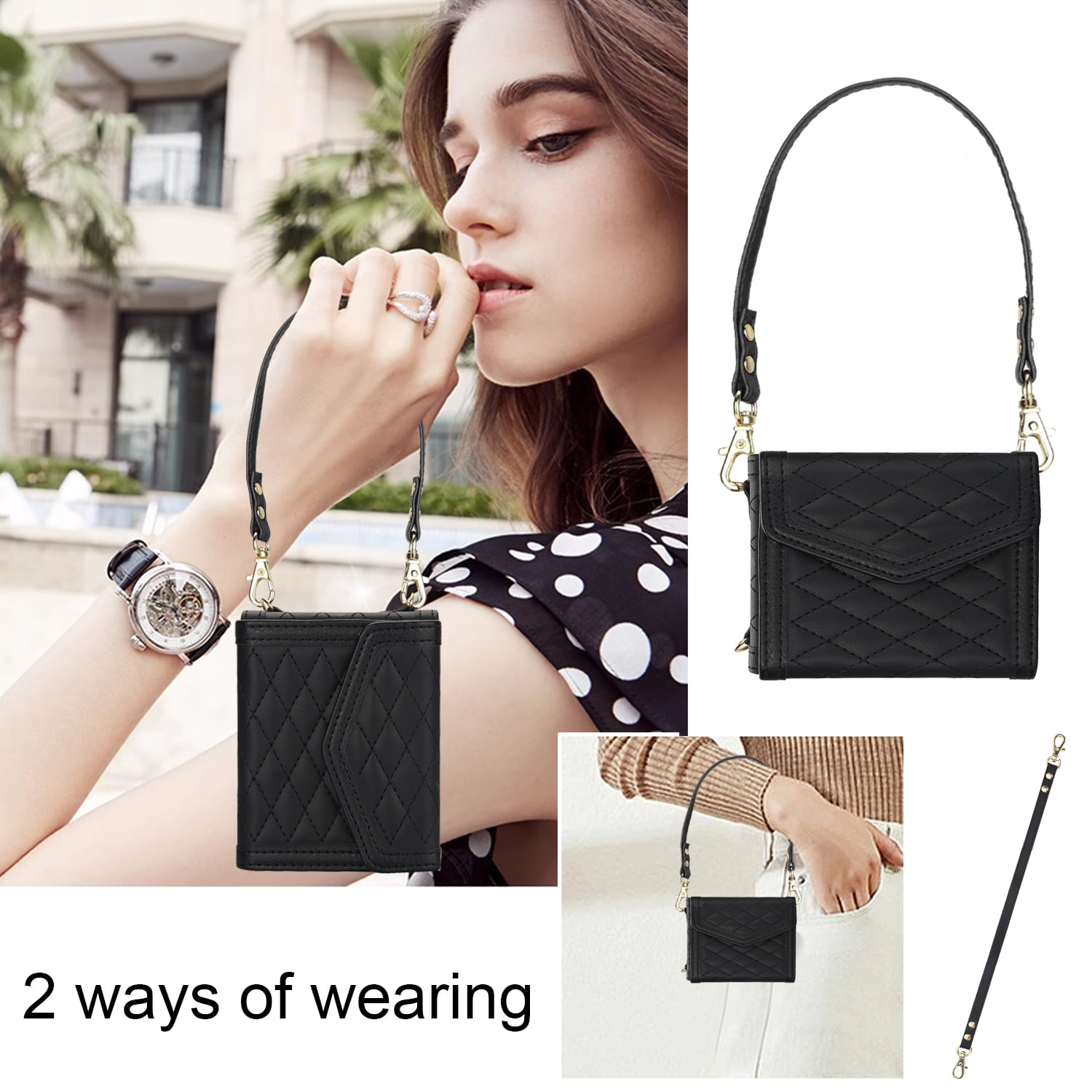 ShellTech for Samsung Galaxy Z Flip 7 PU Leather Flip Case with Wrist Strap, RFID Blocking PU Leather Crossbody Wallet Phone Case with Card Slot Cash Pocket Kickstand Case Cover,Black