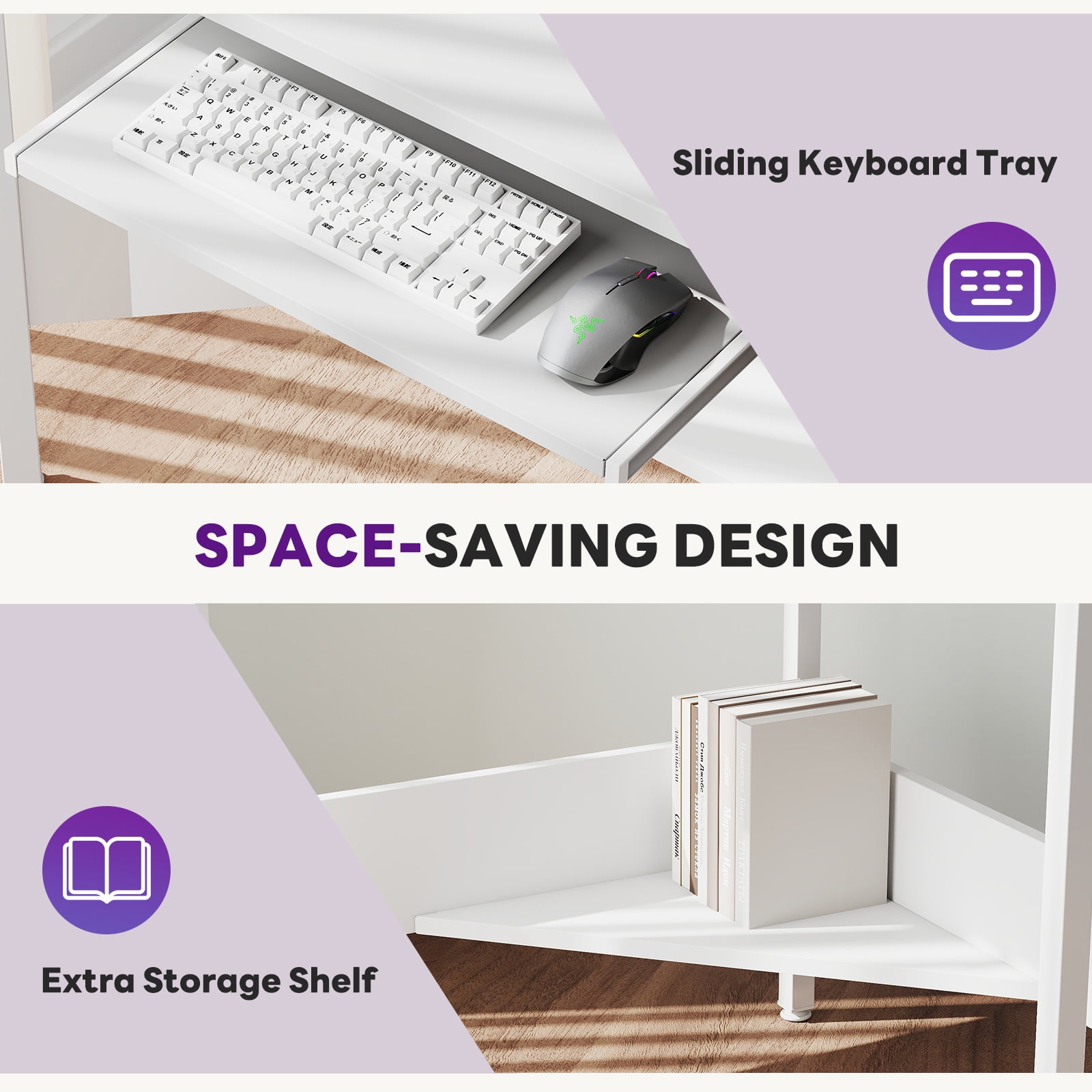 CONCETTA Coner Desk, L-Shaped Computer Desk with Power Outlets, LED Lights, Monitor Stand & Keyboard Tray, White