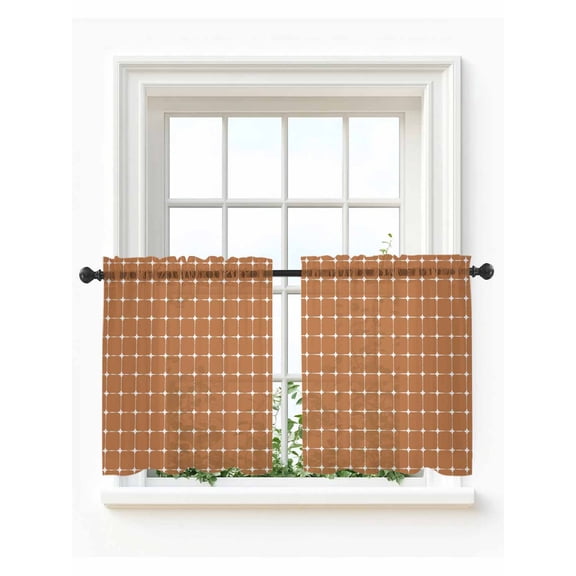 Brown Checkered Tier Curtains 36 Inch Length,Sheer Curtains for Bedroom Living Room Farmhouse Modern Minimalist Line Grid Points Short Kitchen Curtains Drapes for Small Half Window 27.5"x36" 2 Panels