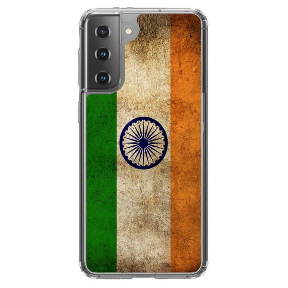 DistinctInk Clear Shockproof Hybrid Case for Galaxy S21+ PLUS 5G (6.7" Screen) - TPU Bumper, Acrylic Back, Tempered Glass Screen Protector - India Old Flag Indian - Show Your Love of India