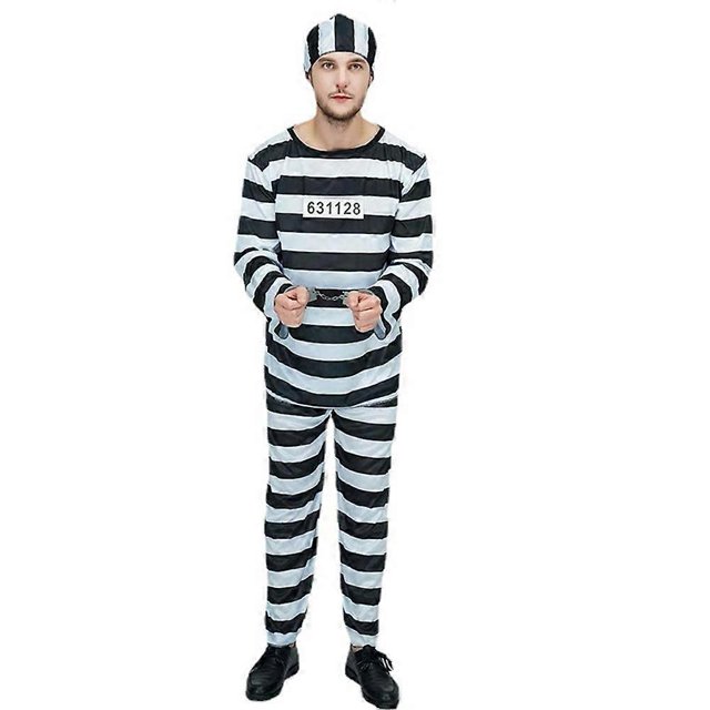 Striped Prison Uniform Cosplay Costume Black and White Long Sleeve T-shirt Pants with Hat for Halloween