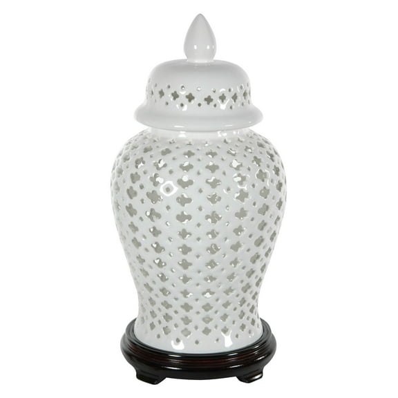 Oriental Furniture 16" Carved Lattice Decorative Temple Jar, white color, decorative item