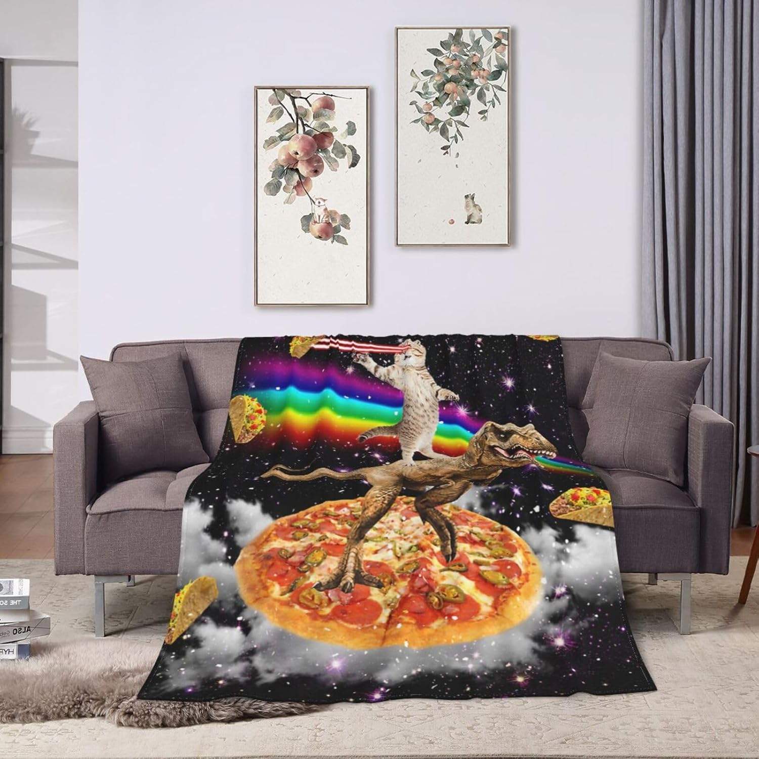 Funny Cat Dinosaur Blanket Soft Cozy Galaxy Space Rainbow Food Fleece Plush Throw Blanket All Season Ultra Warm Lightweight Fuzzy Taco Pizza Blanket Gifts for Girls Boys Women Men Bed 60"x80"