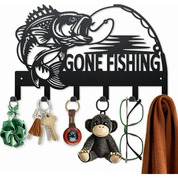 Gone Fishing Metal Key Holder for Wall 9.8×15.7 Inch Fishhook Key Hook Hangers Sea Fishing Rod Key Rack with 6 Hooks for Kitchen Entryway Hallway Garden Doorway Porch