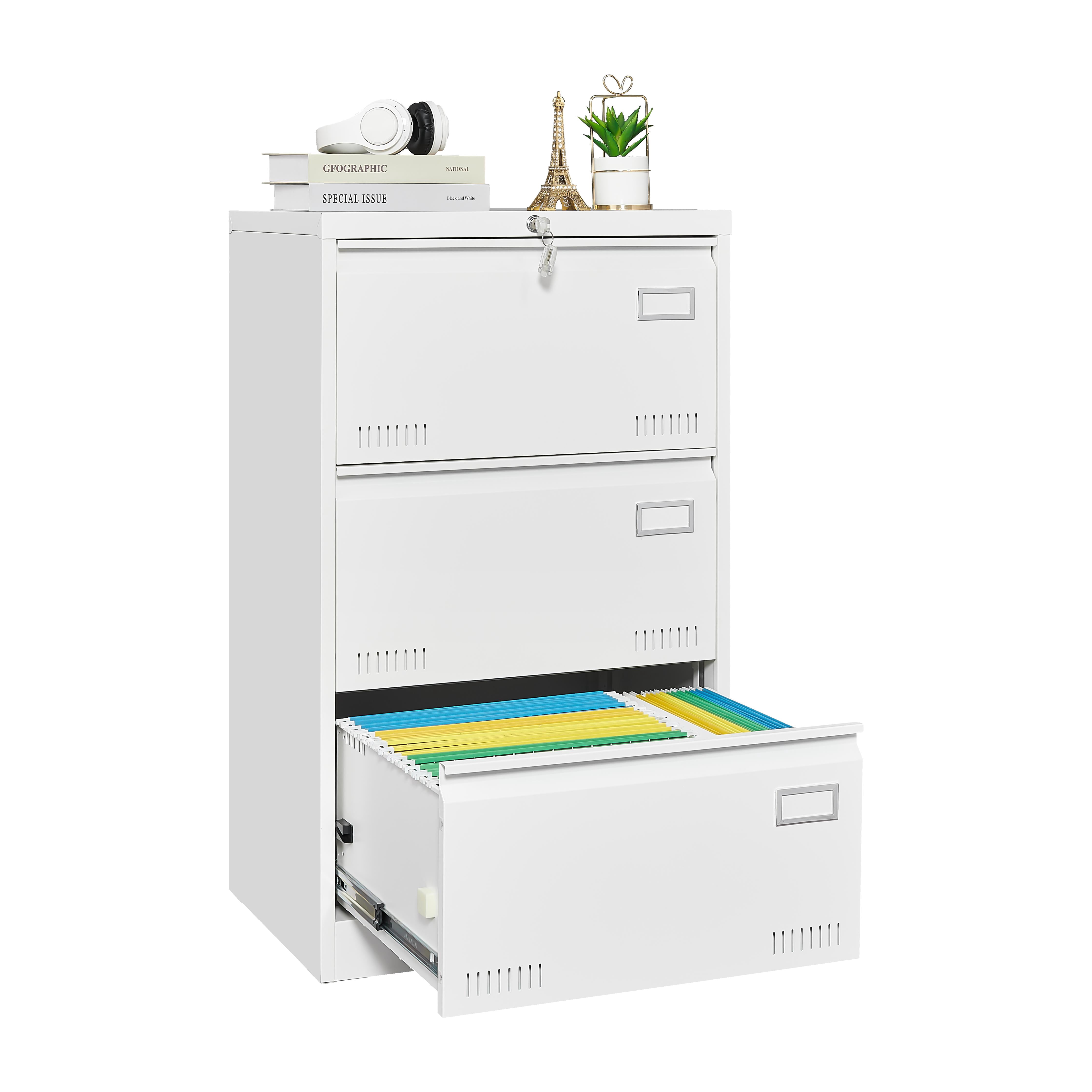Syngar Metal Lateral File Cabinets with Lock, 3 Widened Drawer Large Filing Cabinet, Lockable Storage Cabinet for Legal/Letter/A4/F4 Size Home Office, White