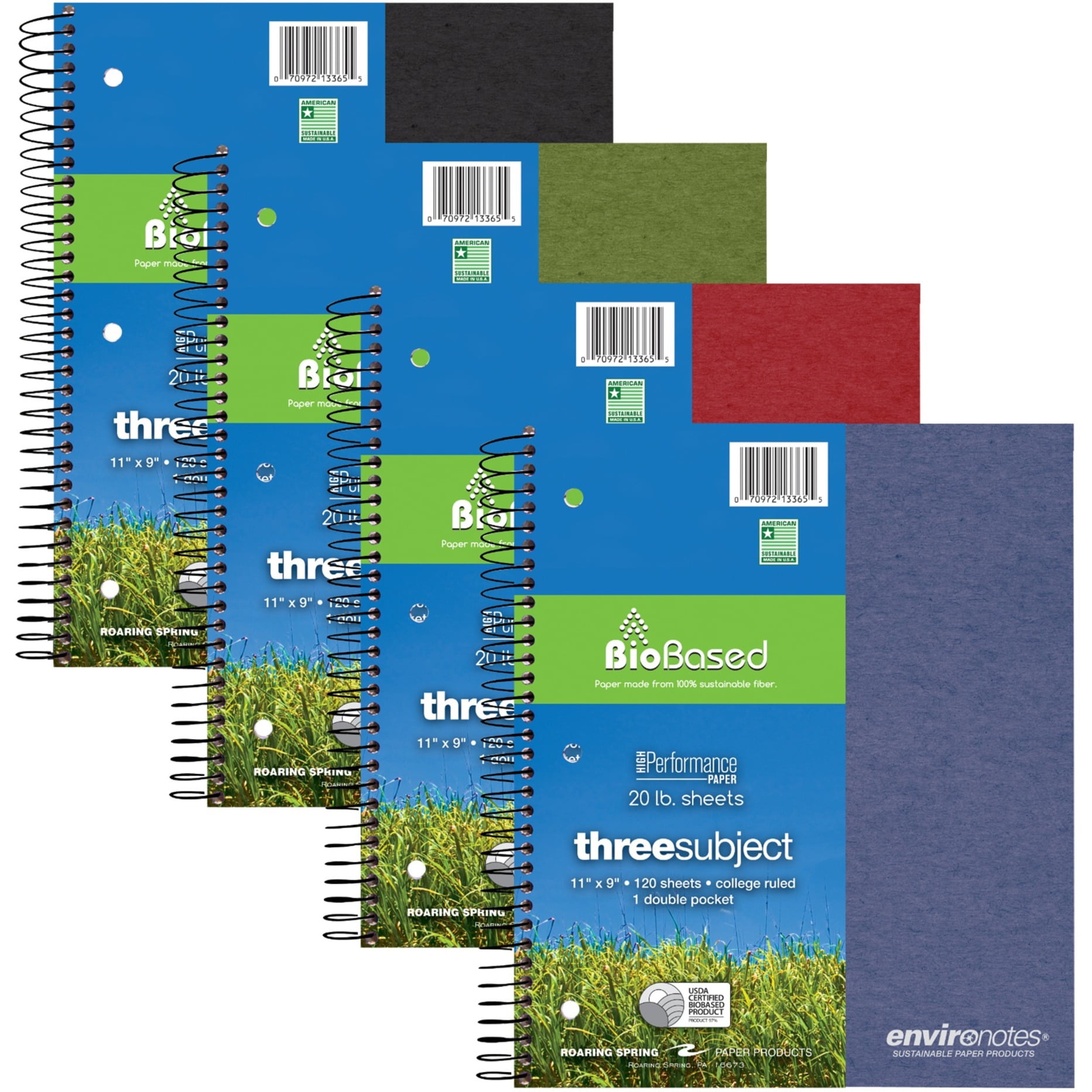 Roaring Spring Environotes College Ruled 3 Subject Recycled Spiral Notebook, 1 Case (24 Total), 11" x 9" 120 Sheets, Assorted Earthtone Covers