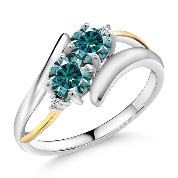 Gem Stone King 925 Silver and 10K Yellow Gold Blue Moissanite and White Lab Grown Diamond 2-Stone Crossover Ring for Women (1.02 Cttw, Size 9)