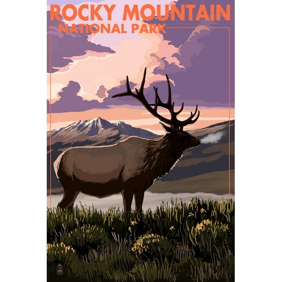 Rocky Mountain National Park, Colorado, Elk and Sunset (12x18 Wall Art Poster, Room Decor)