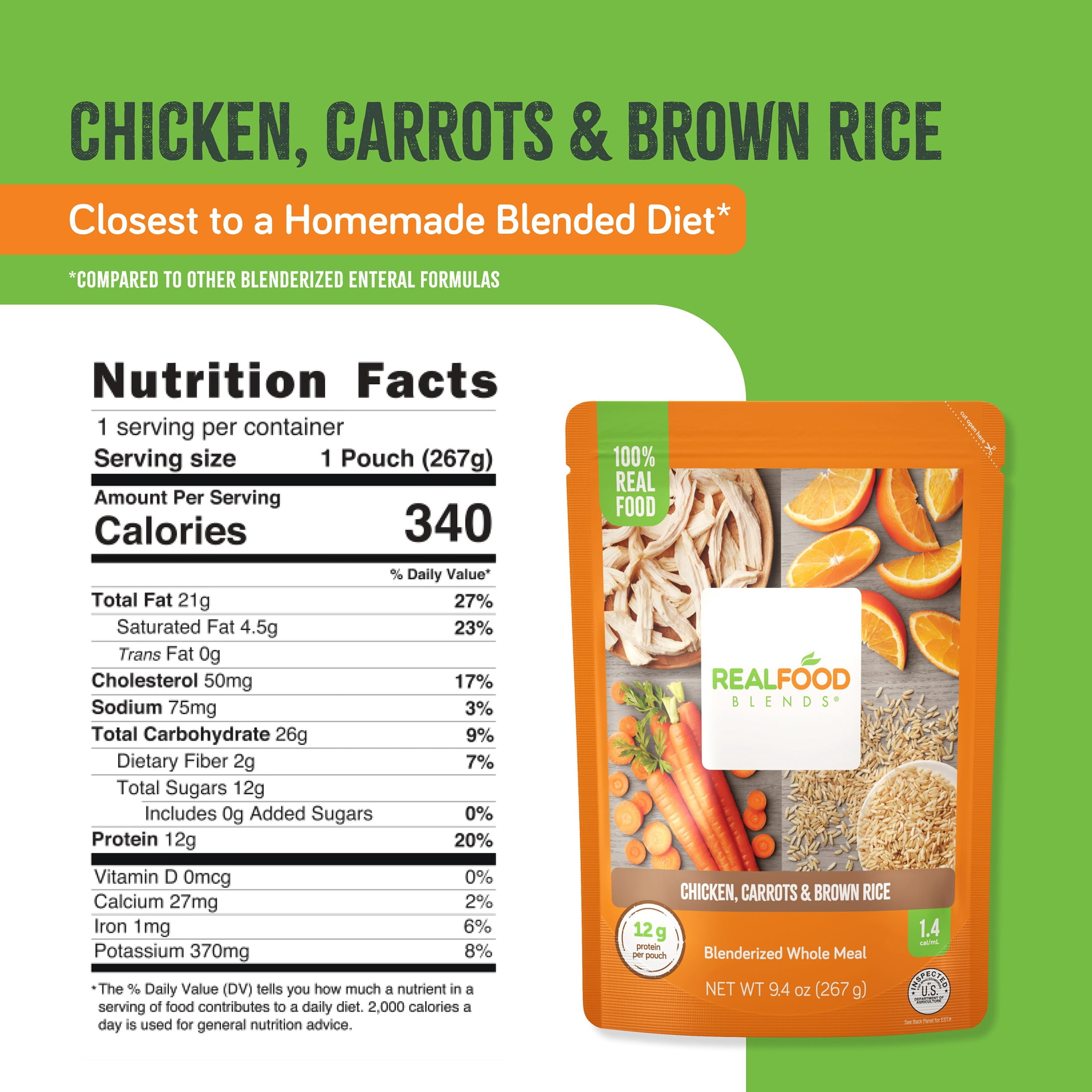 Real Food Blends Chicken, Carrots & Brown Rice - Pureed Food Meals for Tube Feeding with Protein, Vegetables & Fruits - 340 Calories for Lunch & Dinner - 9.4 oz (Pack of 12)