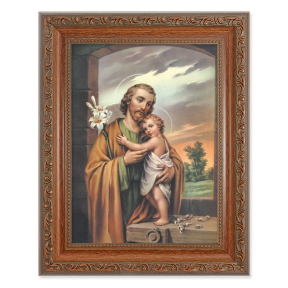 St. Joseph Picture Framed Wall Art Decor, Medium, Antiqued Dark Mahogany Finished Frame with Acanthus-Leaf Detail