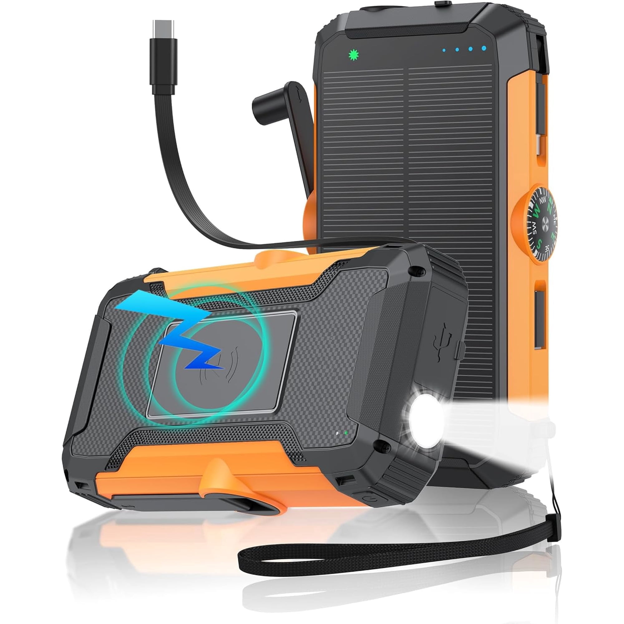 SOLPOWBEN 20000mAh Solar Charger Power Bank, 22.5W Fast Charging Solar Power Bank, 15W Portable Wireless Charger Built in Hand Crank and Retractable Cord Compatible for iPhone/Android Phone