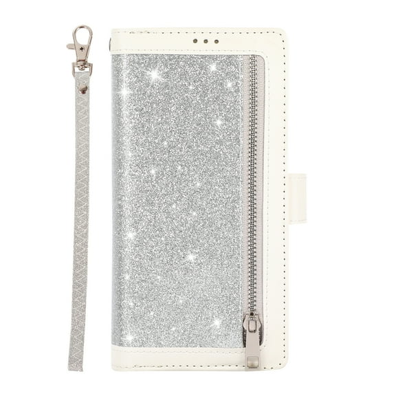 Wallet Case for Samsung Galaxy S22 Shining Zipper Pocket Cover, Glitter Sparkle Luxury PU Leather Magnetic Flip Folio Case with Card Slots Kickstand Wrist Hand Strip Shockproof Case,Silver