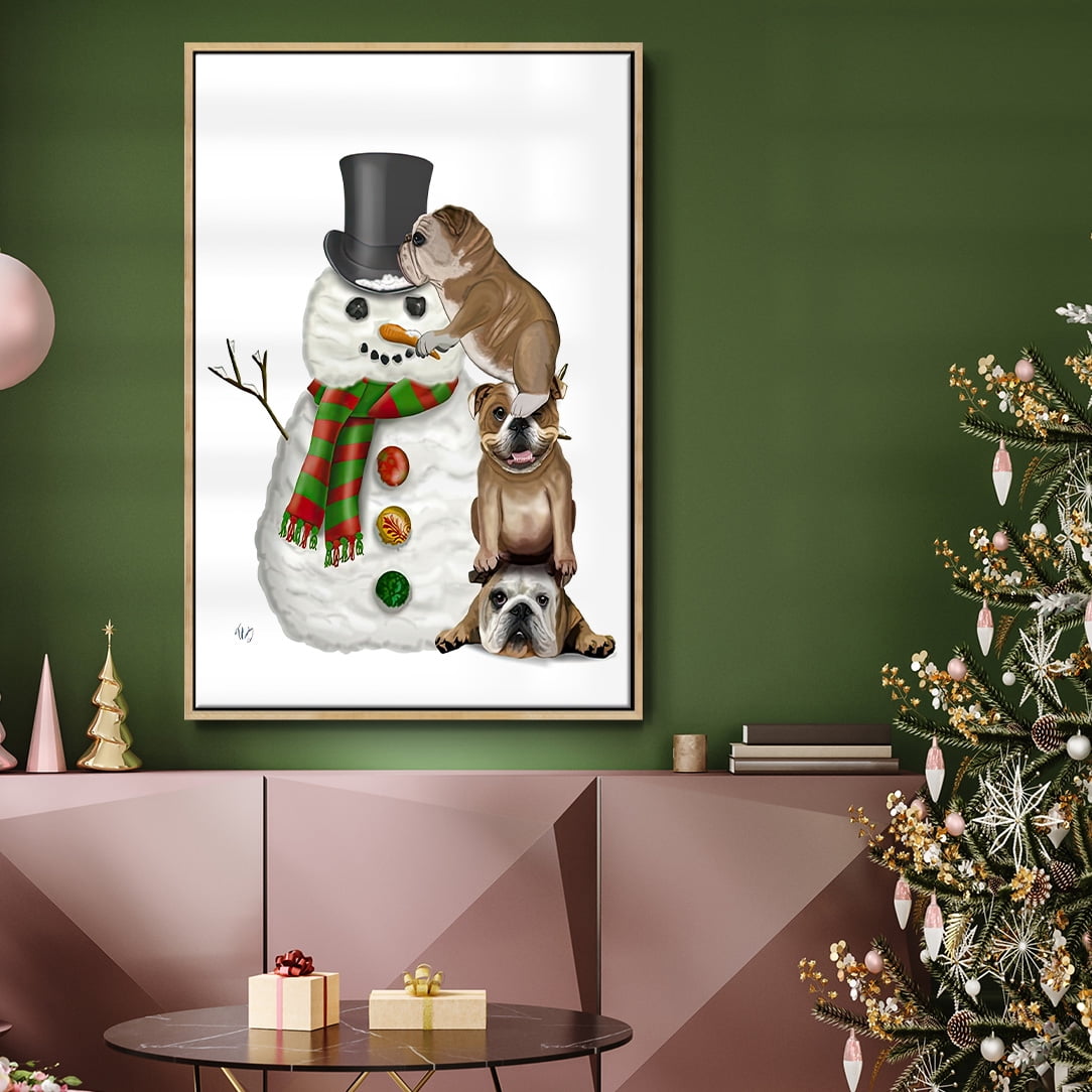 Christmas English Bulldogs Building Snowman - Framed Gallery Wrapped Holiday Canvas - 17 x 25 - Natural Wood Frame