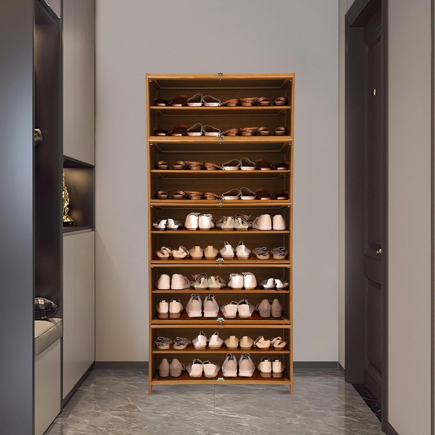 Narrow Shoes Shelf Cabinet - Shoe Storage Cabinet,Free Standing Shoes Shelf Organizer,11-Tier Tall Shoe Shelf,Shoe Rack Organizer,Shoe Cabinet with Doors,for Foyer,Living Room,Corridor