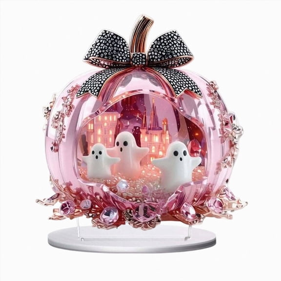 Pink Bow Pumpkin Diorama Acrylic Tabletop Ornament, Mini Ghost Scene Inside Pumpkin for Halloween Shelf Mantel Indoor Party Home Decoration