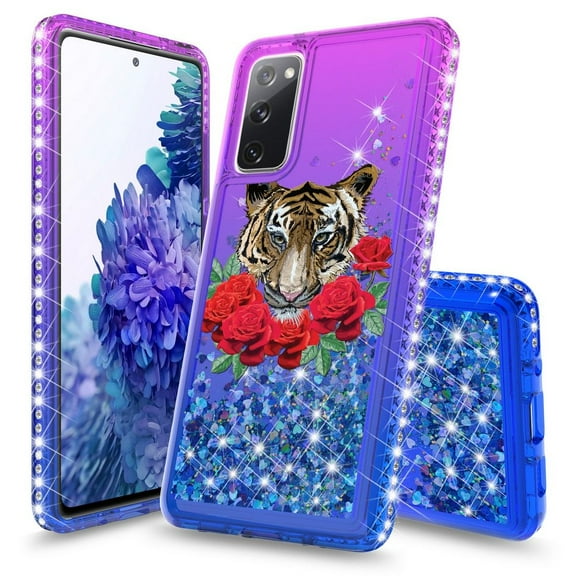 Bemz Liquid Quicksand Case for Samsung Galaxy S20 FE (with Touch Tool) - Tiger Roses (Purple/Blue)