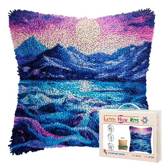 Abstract Mountain Sea Sunset Scenery DIY Latch Hook Pillow Kits for Adults Printed Pillowcase Crochet Yarns Hooking Handmade Pillow Cover Cushion for Home Sofa Decoration 17x17inch