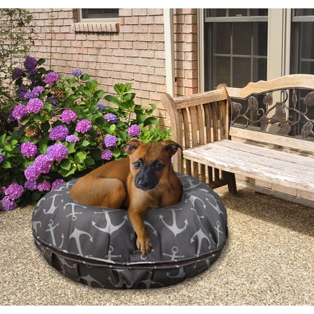 Bessie and Barnie Water Resistant Grey Anchor Indoor/Outdoor Durable Bagel Pet/Dog Bed with Removable Cover