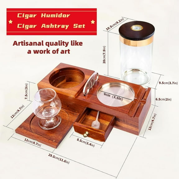 Luxury Cigar Humidor Set with Ashtray,  & Hygrometer, Holds 15-20 Cigars, Premium Wood Gift for Men