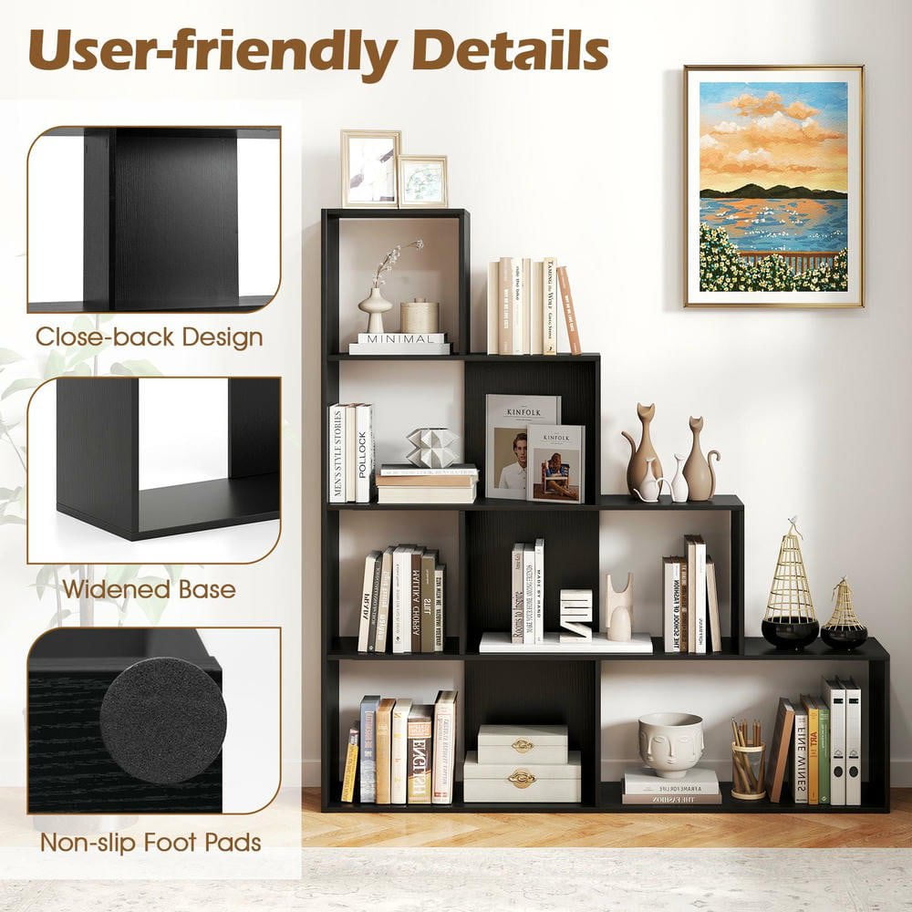 Resenkos 4-Tier Modern Stepped Bookshelf - 6 Storage Cubes, Perfect for Living Room, Black