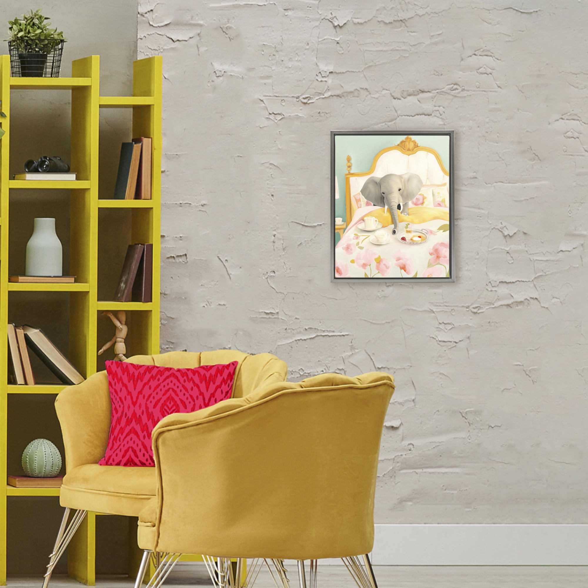 Breakfast in Bed Elephant Gray Framed Floater Canvas Wall Art, design by Leah Straatsma