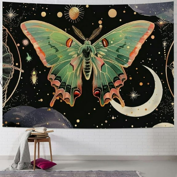 PRATYUS Green Butterfly Tapestry for Bedroom Luna Moth Wall Tapestry Aesthetic Moon Phase Tapestry Wall Hanging Celestial Stars Tapestry for Living Room Home Wall Decor, Multi Size Painting
