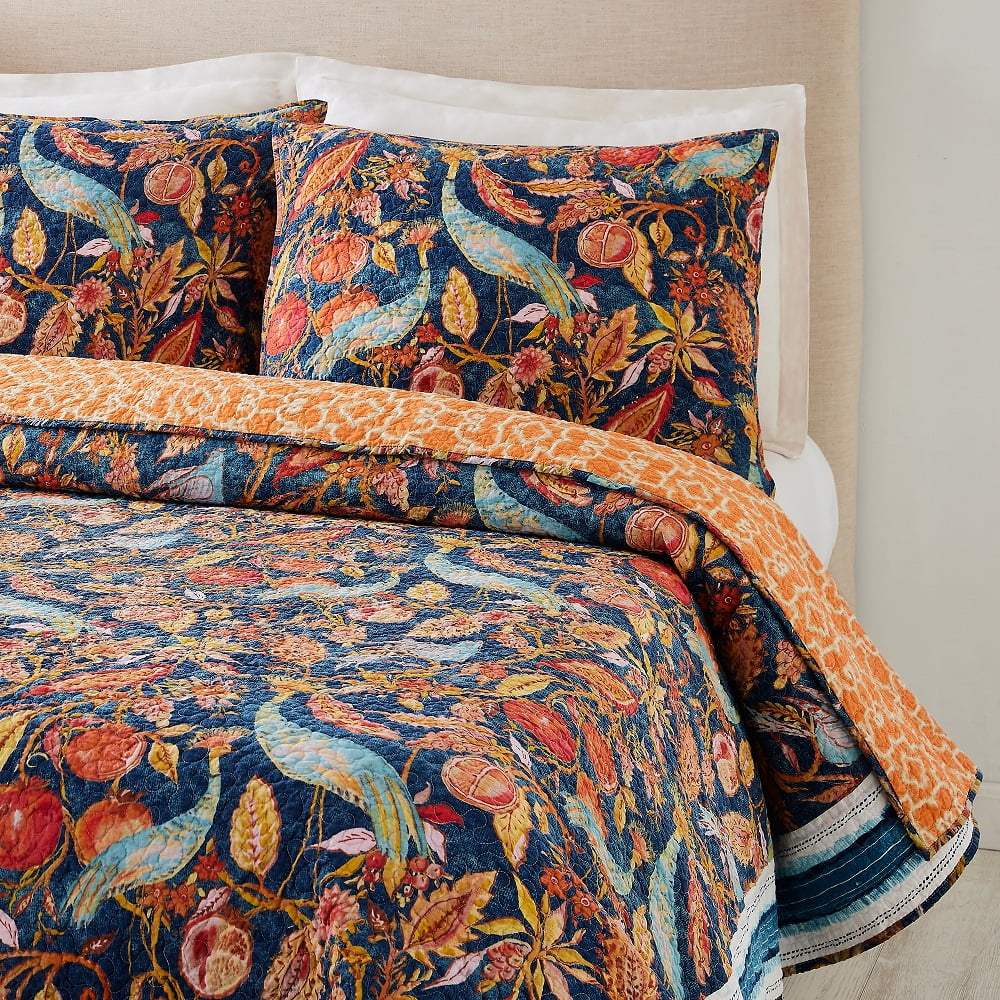 Dena Home Blue Peacock Garden 3-Piece Quilt Set, Full/Queen