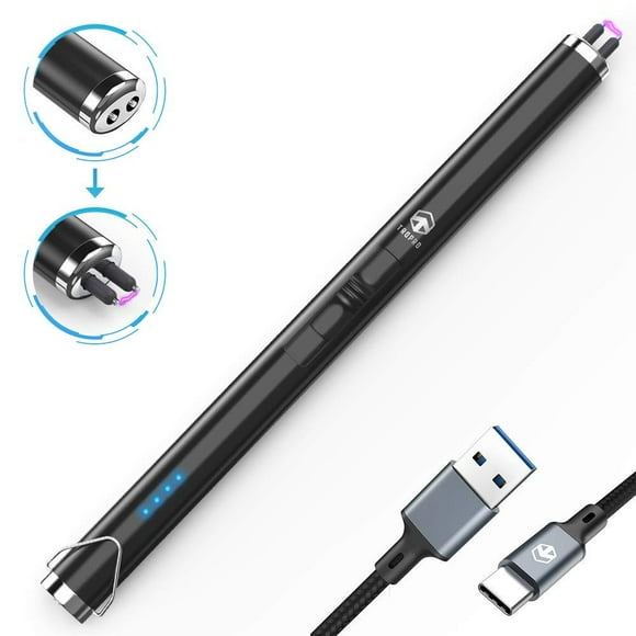 Candle Lighter, TROPRO Electric Arc USB Lighter with Power Indicator, Rechargeable Flameless Portable Windproof Plasma Lighters Long, Triple Safety, Aluminum Case & Hanging Hook (Gloss Black) Gloss