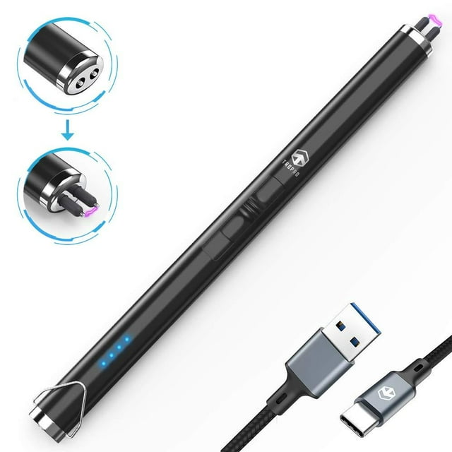Candle Lighter, TROPRO Electric Arc USB Lighter with Power Indicator, Rechargeable Flameless Portable Windproof Plasma Lighters Long, Triple Safety, Aluminum Case & Hanging Hook (Gloss Black) Gloss