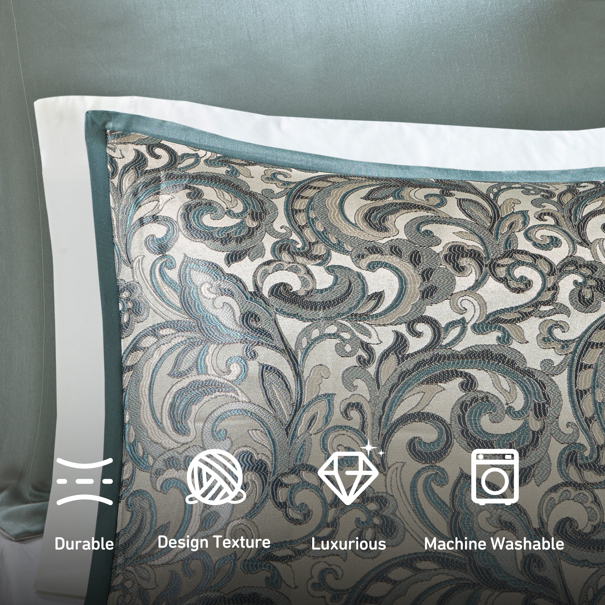 Regency Heights 8 Pieces Jacquard Comforter Set with Bedskirt and Decor Pillows, Queen, Teal