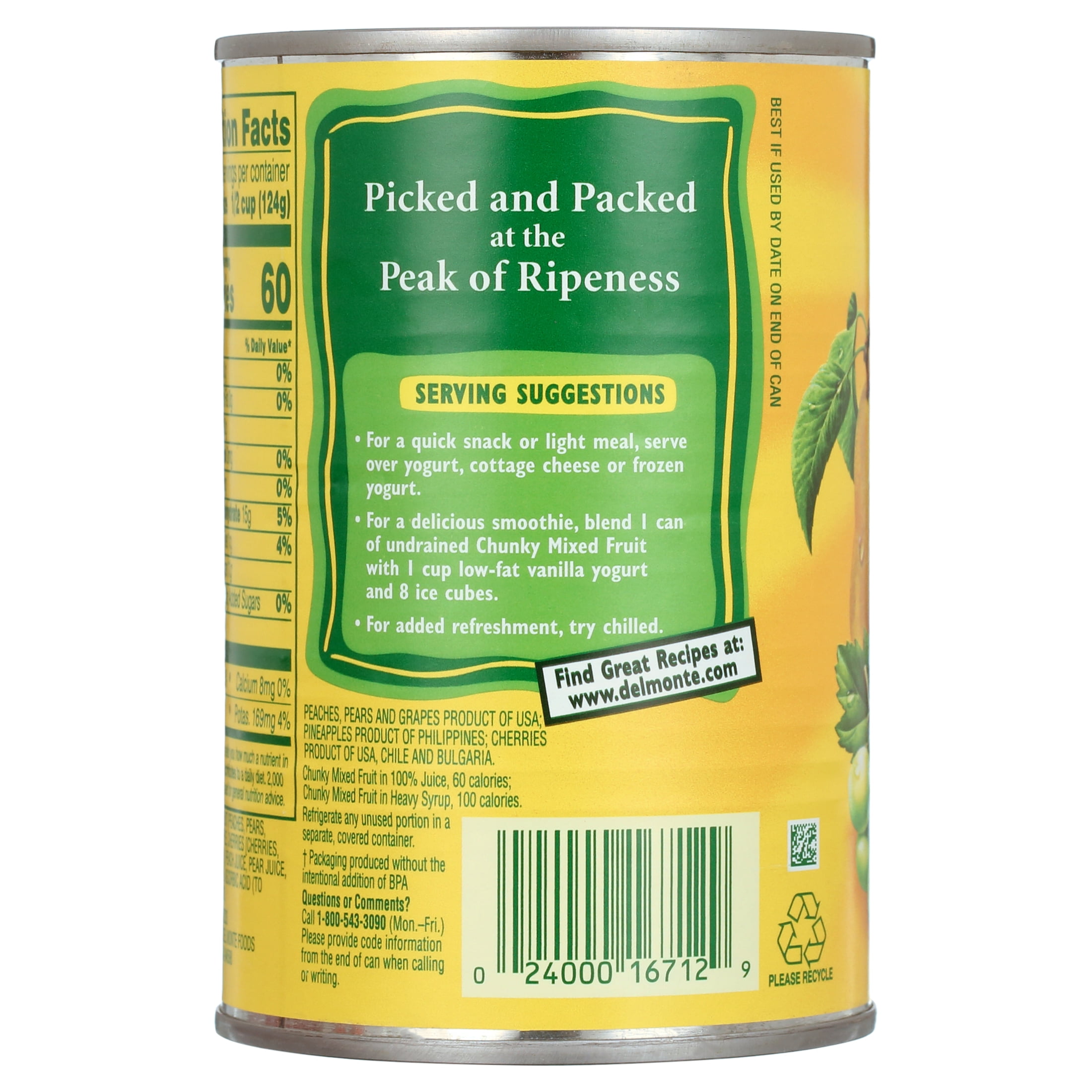 (6 pack) Del Monte Chunky Mixed Fruit, 100% Juice, Canned Fruit, 15 oz, Metal Can