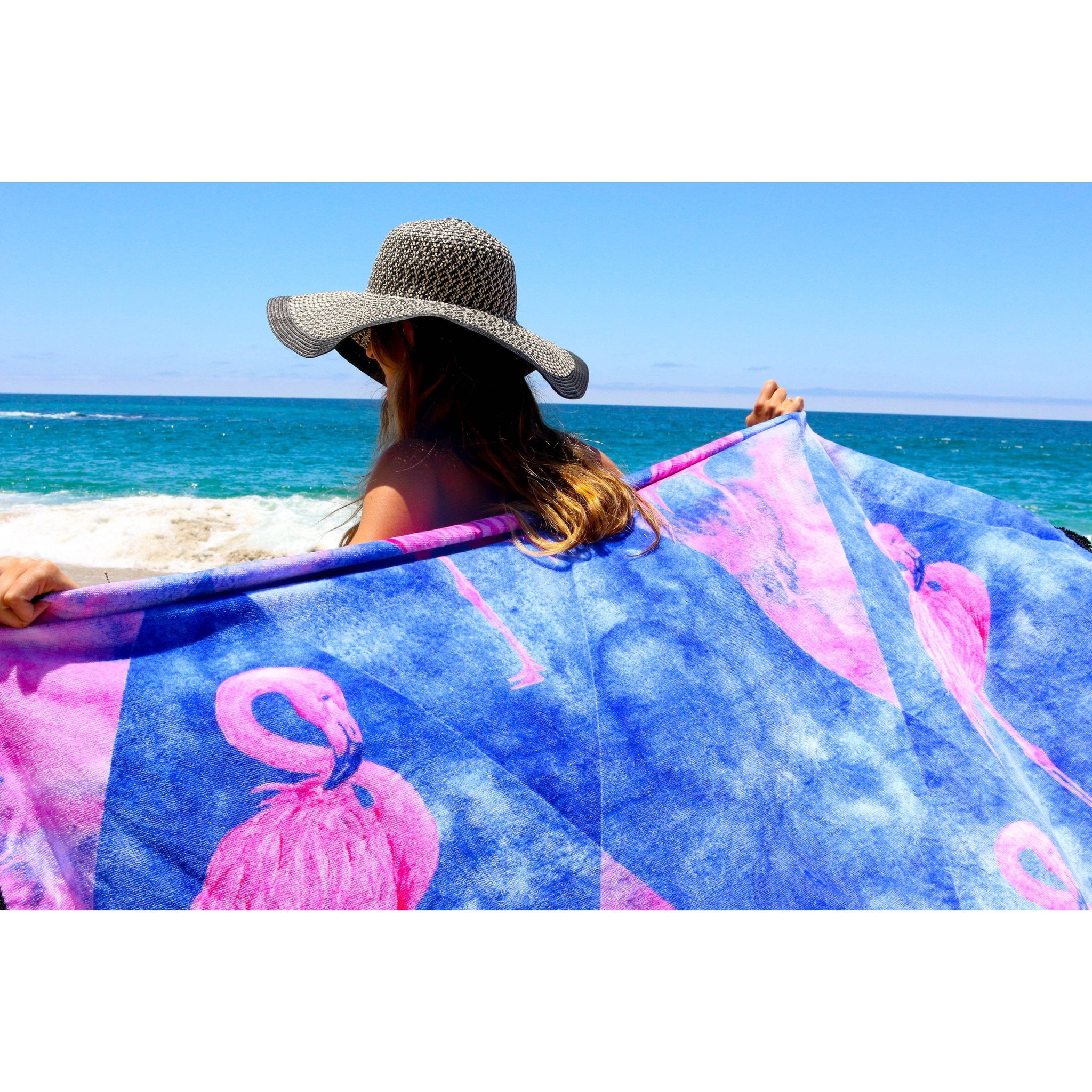 Pink & Blue Dazed Flamingo Round Beach Towel