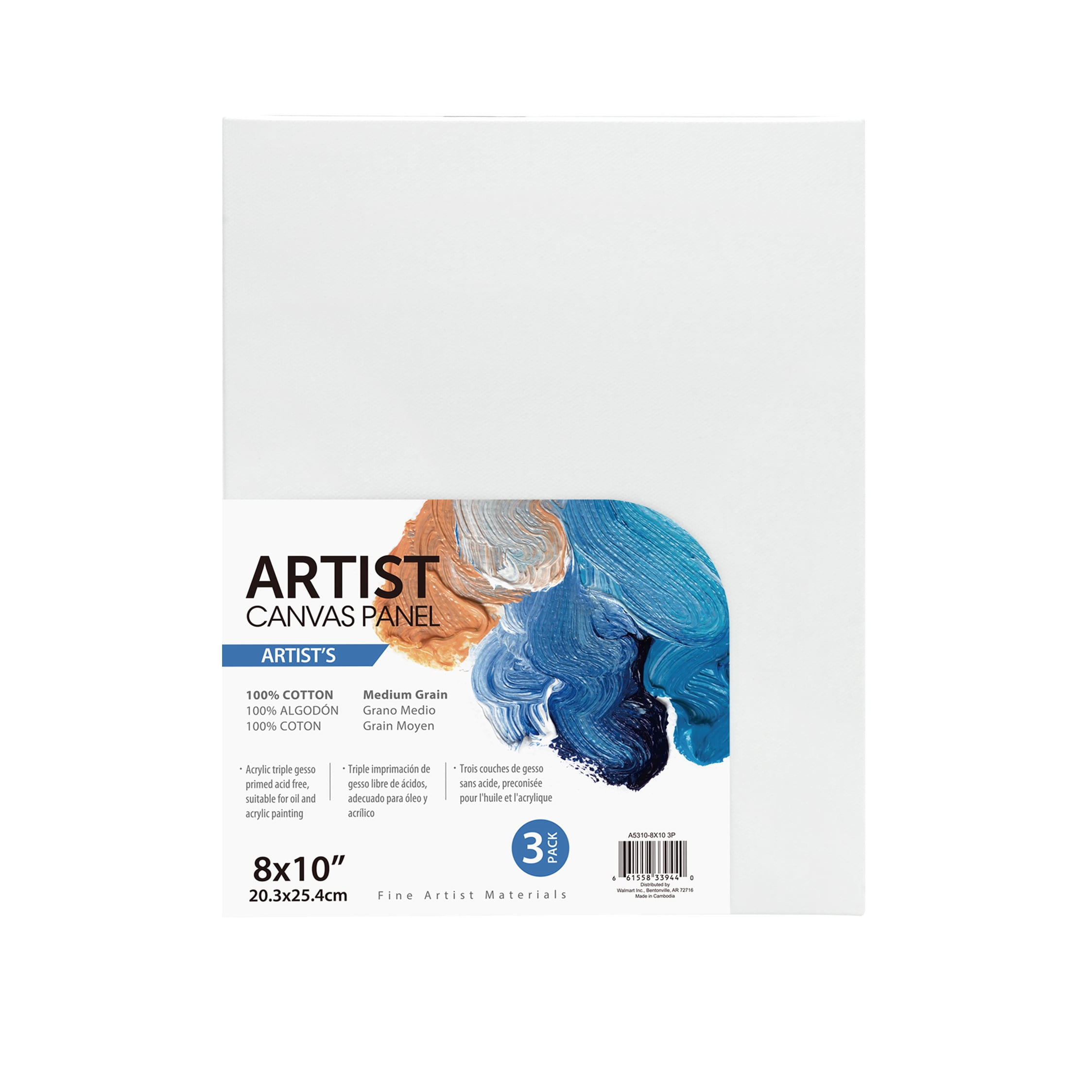 Artist Canvas Panel, 100% Cotton Acid Free White Canvas, 8"X10", 3 Pieces