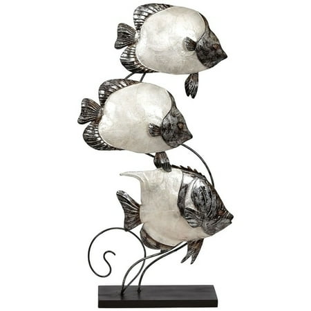 Metal & Capiz Shell Art White Elegance 3 Butterflyfish on Stand 10x20