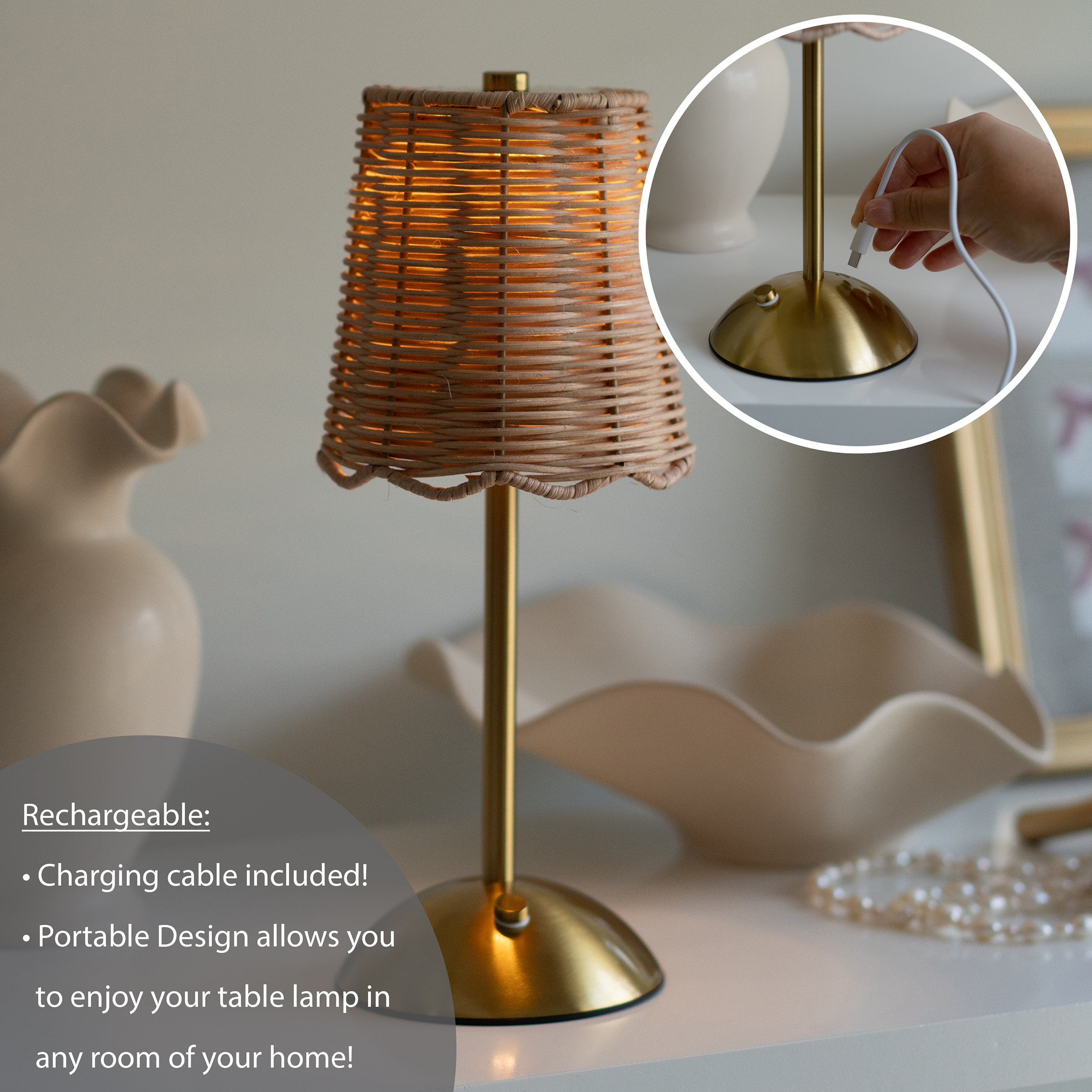 Sterling & Noble Home Cordless Rattan Table Lamp, Brass Finish photo 4