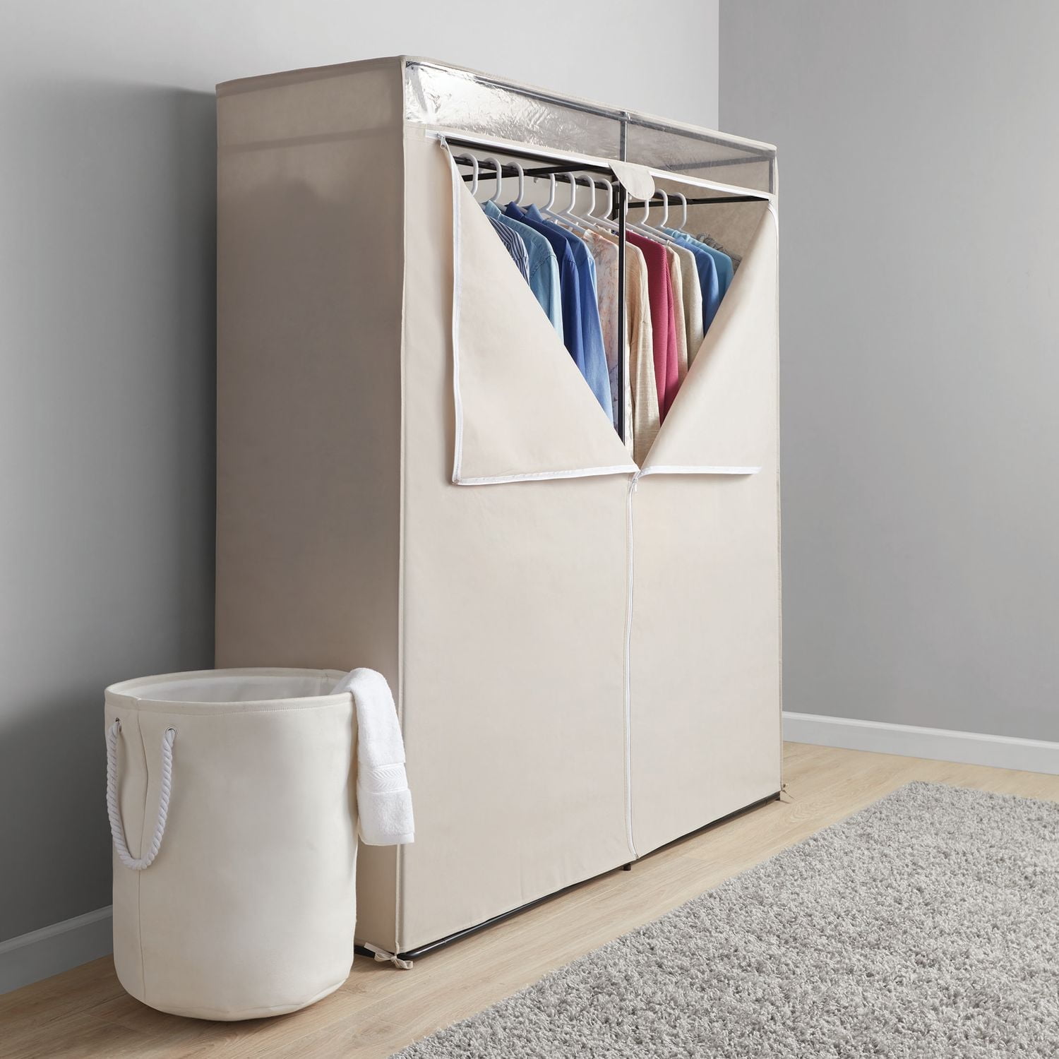 Mainstays All-Metal 60-inch Closet, Extra Wide Single Steel Tier Zippered Clothes Closet, Bedroom, Grey Pumice, Item size: 60 in. W x 20 in. D x 63.5 in. H