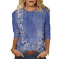 thumbnail image 2 of T-shirts Femmes Hauts Élégants Manches 3/4 Col Rond T-Shirts Imprimé Fleur Blouses Amples Chemises Femmes Bleu m, 2 of 4