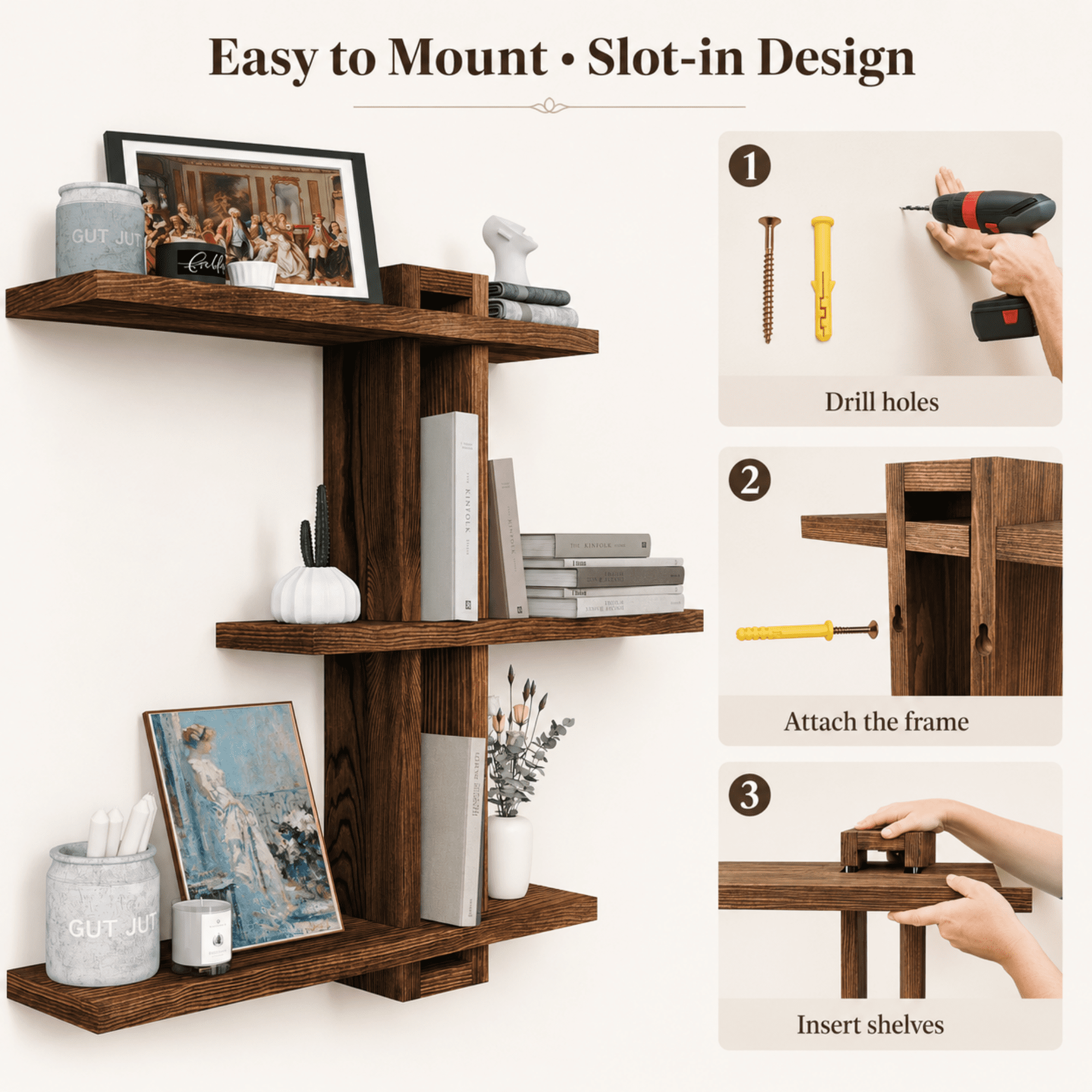 MEHOOM 3-Tier Wooden Floating Wall Shelf, Rustic Wall-Mounted Storage Shelves for Bedroom, Living Room, Farmhouse Wall Decor, 20in
