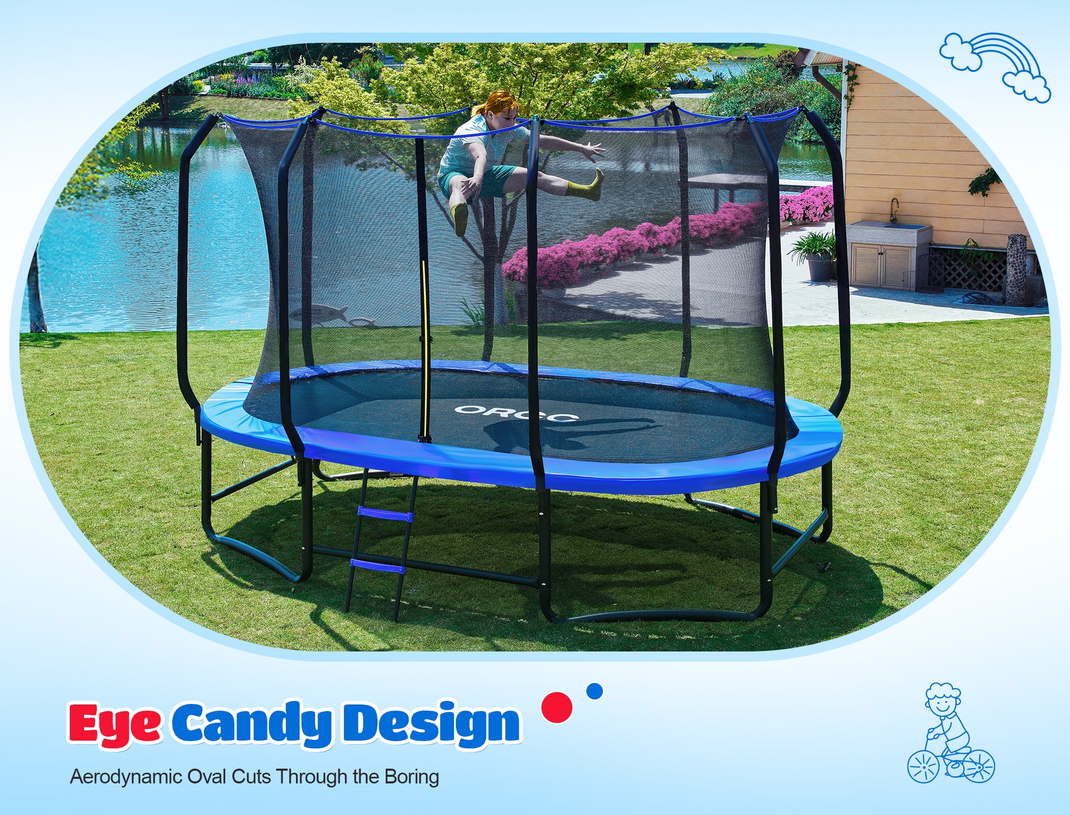 ORCC 1200LBS Capacity Oval 7X10FT Heavy-Duty Yard Trampoline for Kids & Adults with Safety Enclosure, 1.6mm Thickened Steel Frame & Reinforced Legs, Outdoor Gymnastics Trampoline