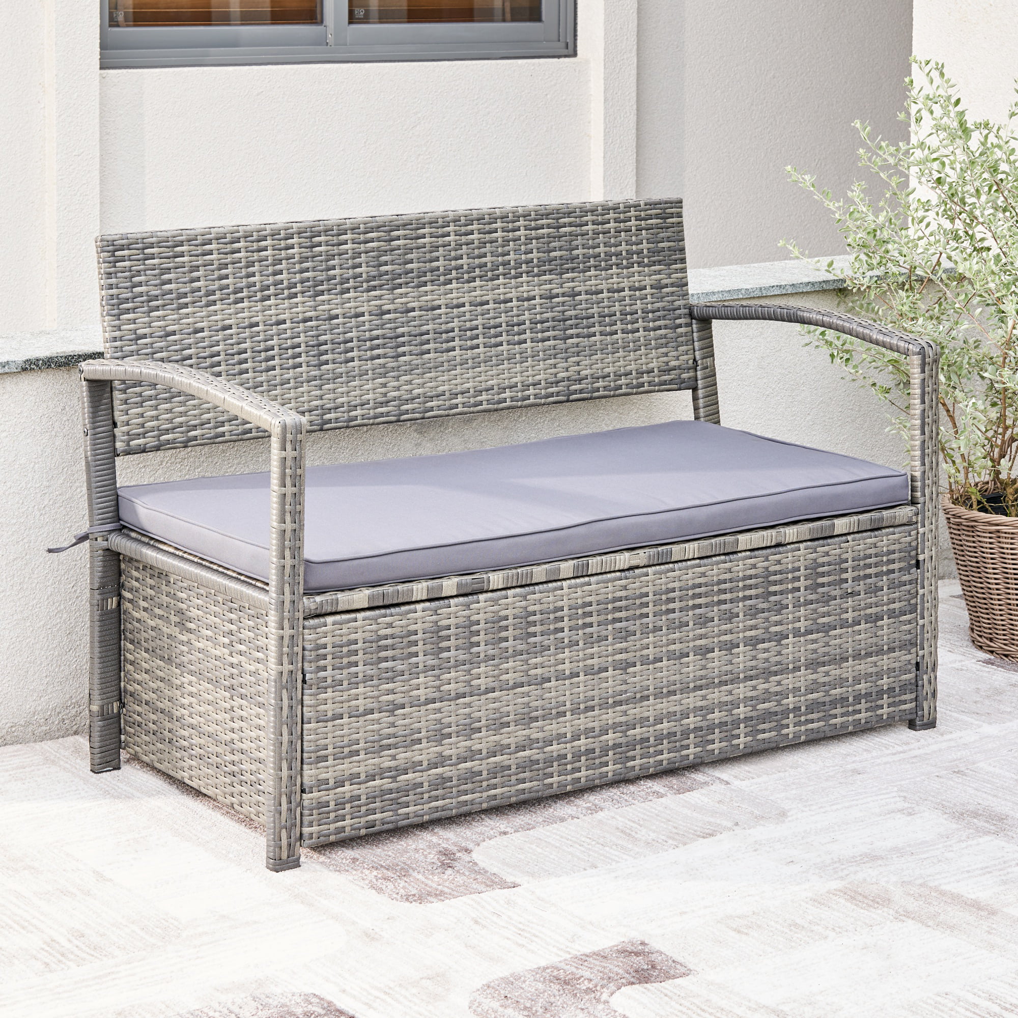 Gabrielle All-weather Resin Wicker Lounge Patio Sofa Storage Bench in Grey with Cushion