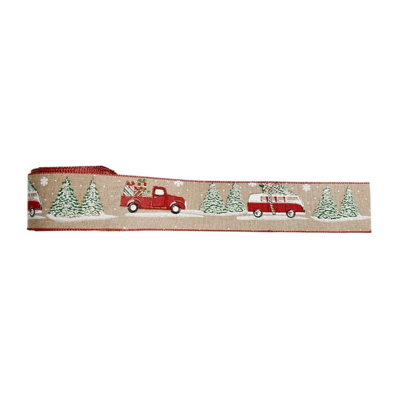 Beautynvta Christmas Ribbon, 16.4 Ft Christmas Tree Truck Printed Christmas Wired Ribbon, Xmas Wired Ribbon Roll for Winter Wreath Bow Making DIY Crafts Gift Wrapping