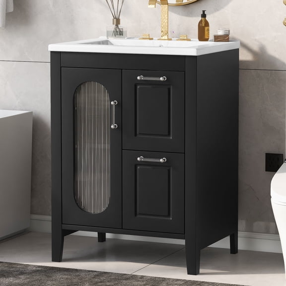 24" Bathroom Vanity with Sink, Small Single Sink Cabinet Set with Two Drawers and Glass Door, Solid Wood Frame & MDF, Adjustable Shelf, Ceramic Basin, Freestanding Storage Unit for Bathroom, Black