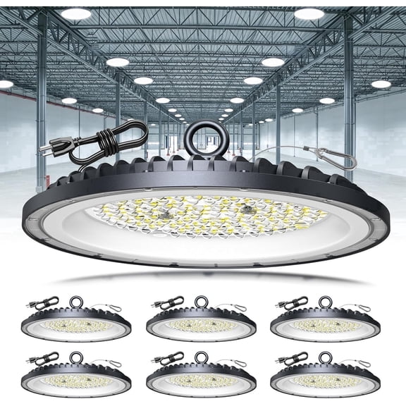6 Pack 300W Shop Lights, 45000LM Ufo LED High Bay Light 6000K Garage Lights IP65 Waterproof Commercial Bay Lighting for Warehouse, Gym, Factory