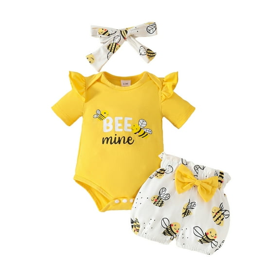 Hpapadks Girls Outfits Infants Short Sleeve Cartoon Bees Prints Romper Bowknot Shorts Hairband 3 Pc Set Girl Clothes Yellow 9-12 m