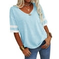 thumbnail image 4 of Stripe Sleeved Women Summer Casual V-neck T-shirt Loose Simple Tops, 4 of 5