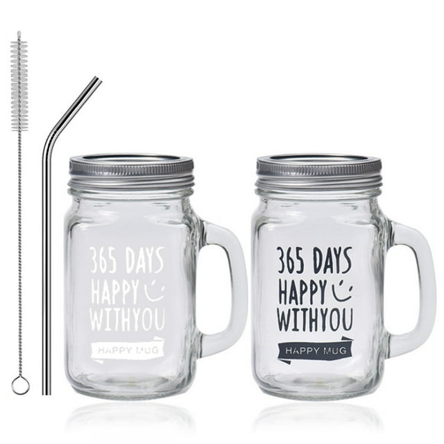 Tasse Pot Mason Réutilisable à Grand Ouverture Tasse à Boire Verre à Boire avec Couvercle Paille