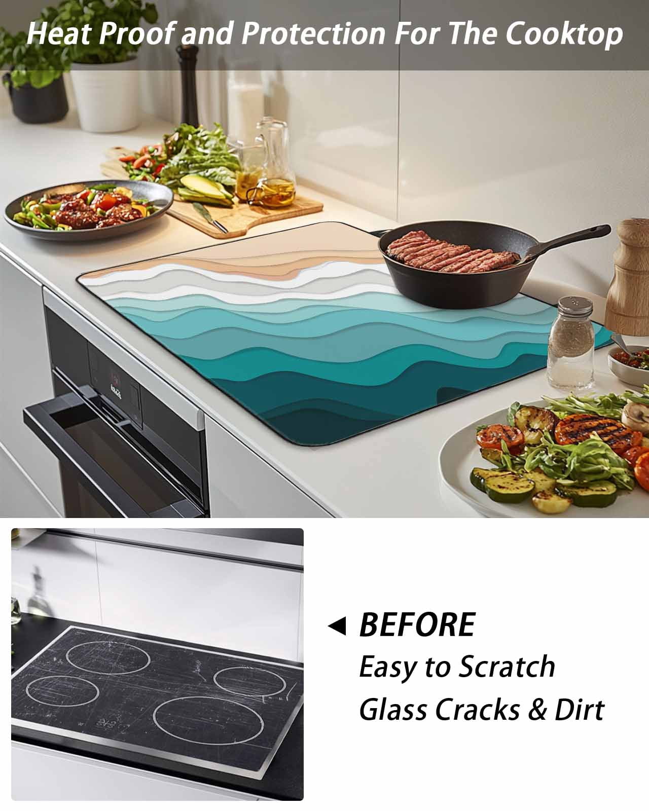 Stove Top Covers for Electric Stove, Teal Green Glass Stovetop Cover Protector, Geometric Brown White Beach Waves Gradient Induction Cooktop Protector Oven Mat for Kitchen Countertop 28.5"x20.5"