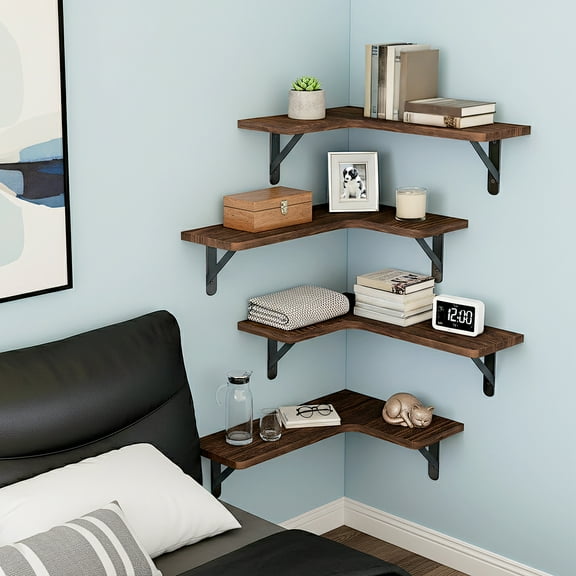 Fairy 5pcs Corner Floating Shelves for Wall, Rustic Wood Wall Shelves, 16.1x11.4 inches, Dark Brown