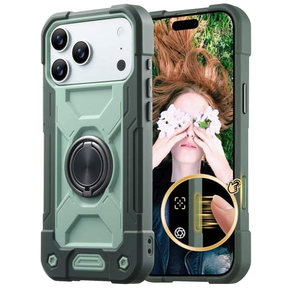 Case for iPhone 17 Pro, Rotating Double Ring Kickstand Drop Protective Anti-Scratch Built-In Camera Control Button Silicone Shockproof Phone Case Cover for iPhone 17 Pro, Green