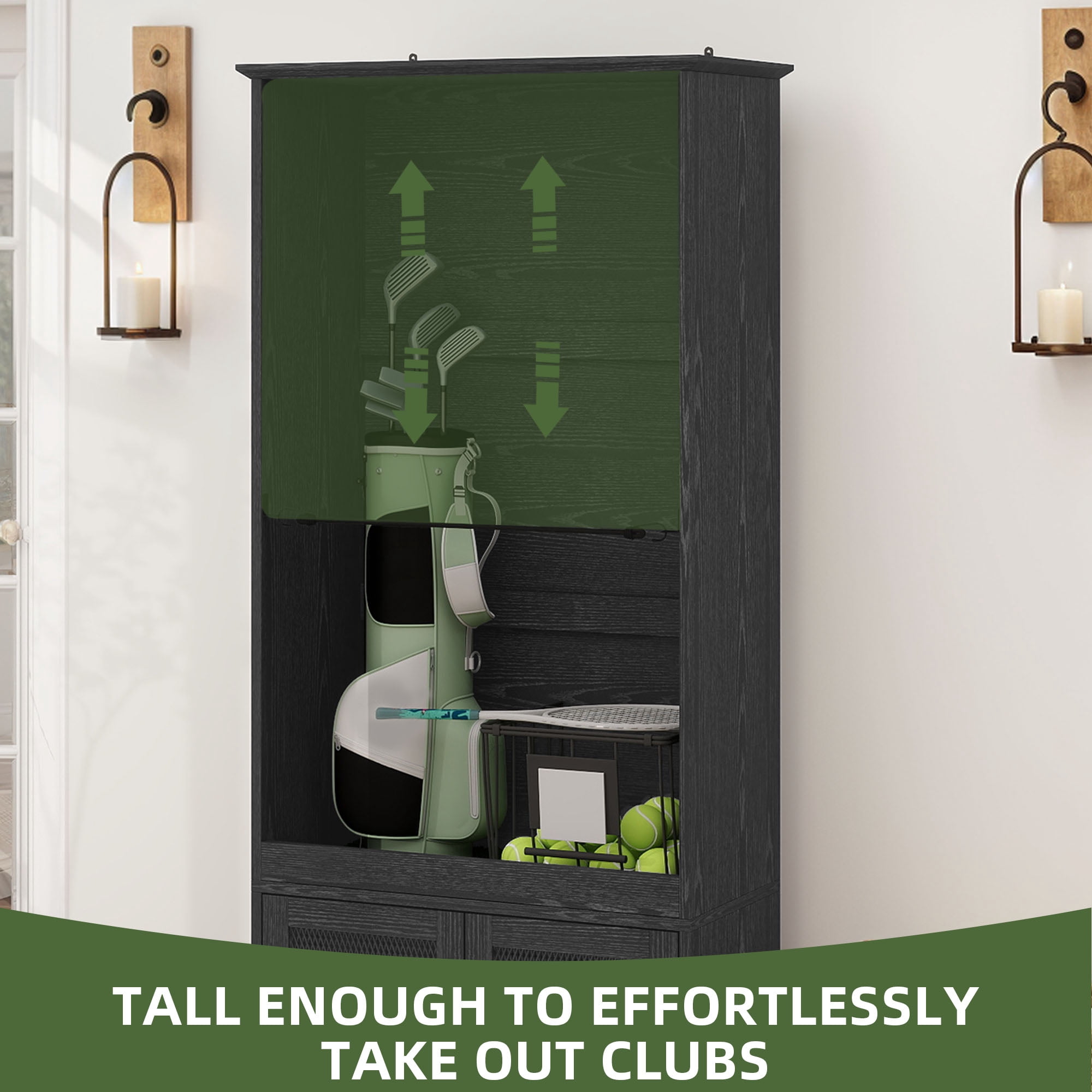 Uforic Golf Storage Cabinet with Wooden Organizer Rack and Golf Bag Stand - Matte Black